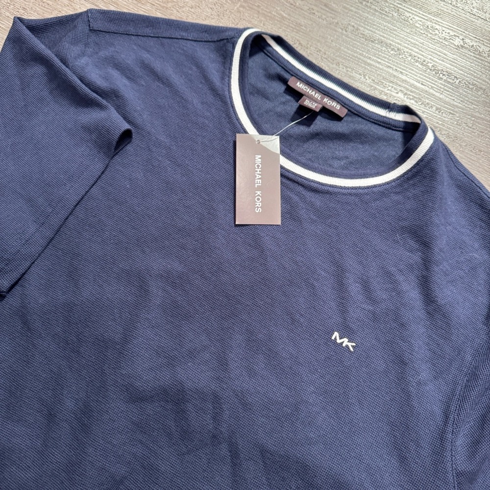 Michael Kors Shirt Mens XL Midnight Blue Cotton Waffle Knit Tipped Logo Tee